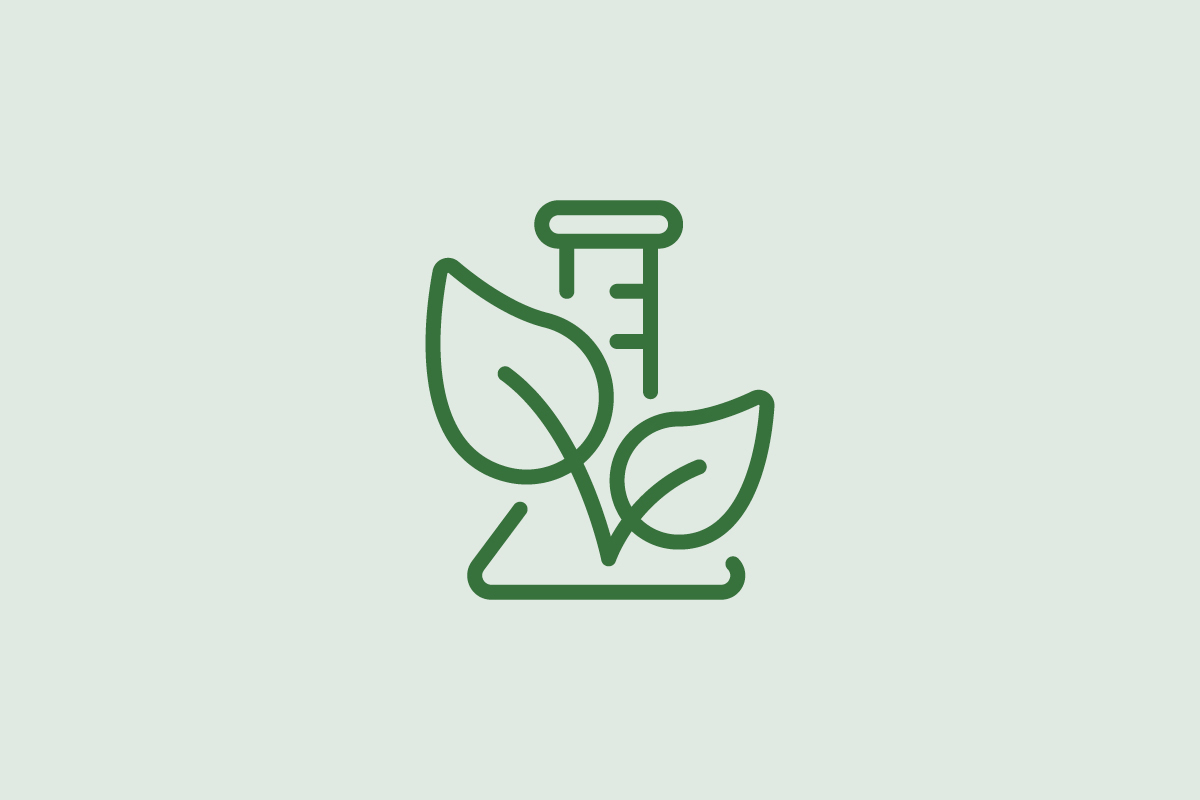 Icon: Laborflasche mit Pflanzenblättern